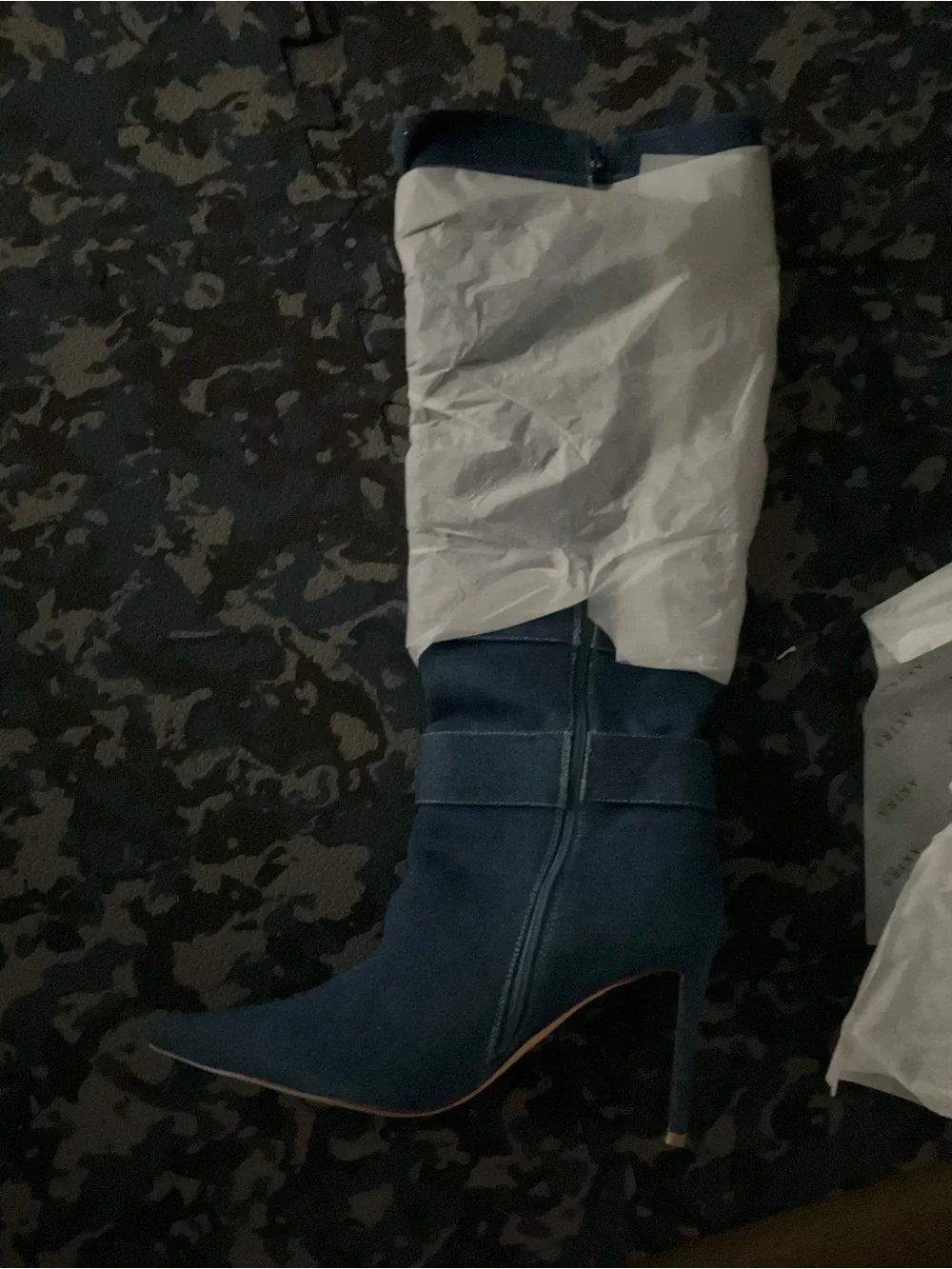 AKIRA Denim Blue Over-the-Knee Buckle Stiletto Boots